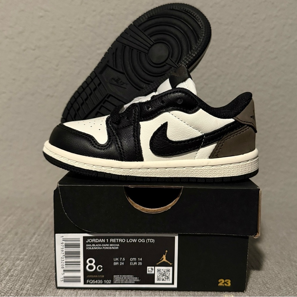 Jordan 1 Retro Low OG (TD), Size 8c, Sail Black Dark Mocha